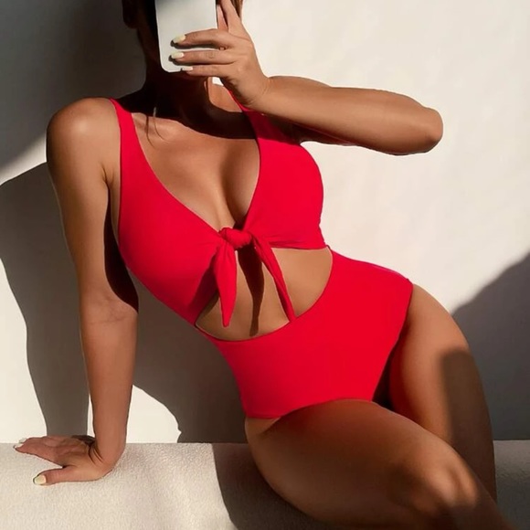 Red One Piece Cut Out Swimsuit - Picture 2 of 4
